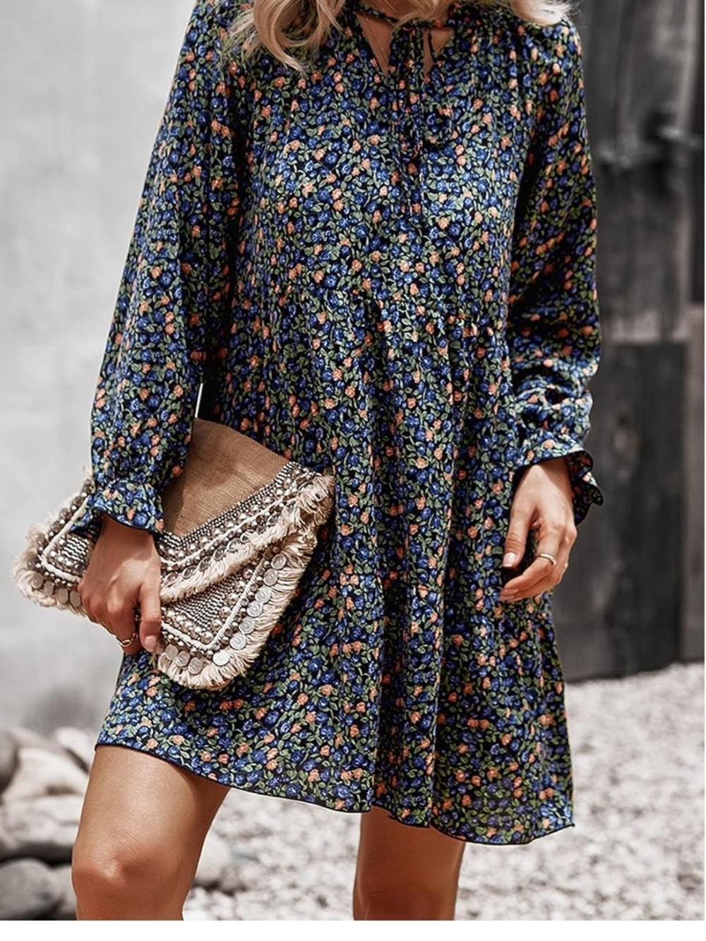Floral Long Sleeve Mini Dress in Navy Blue - Picture 2 of 6